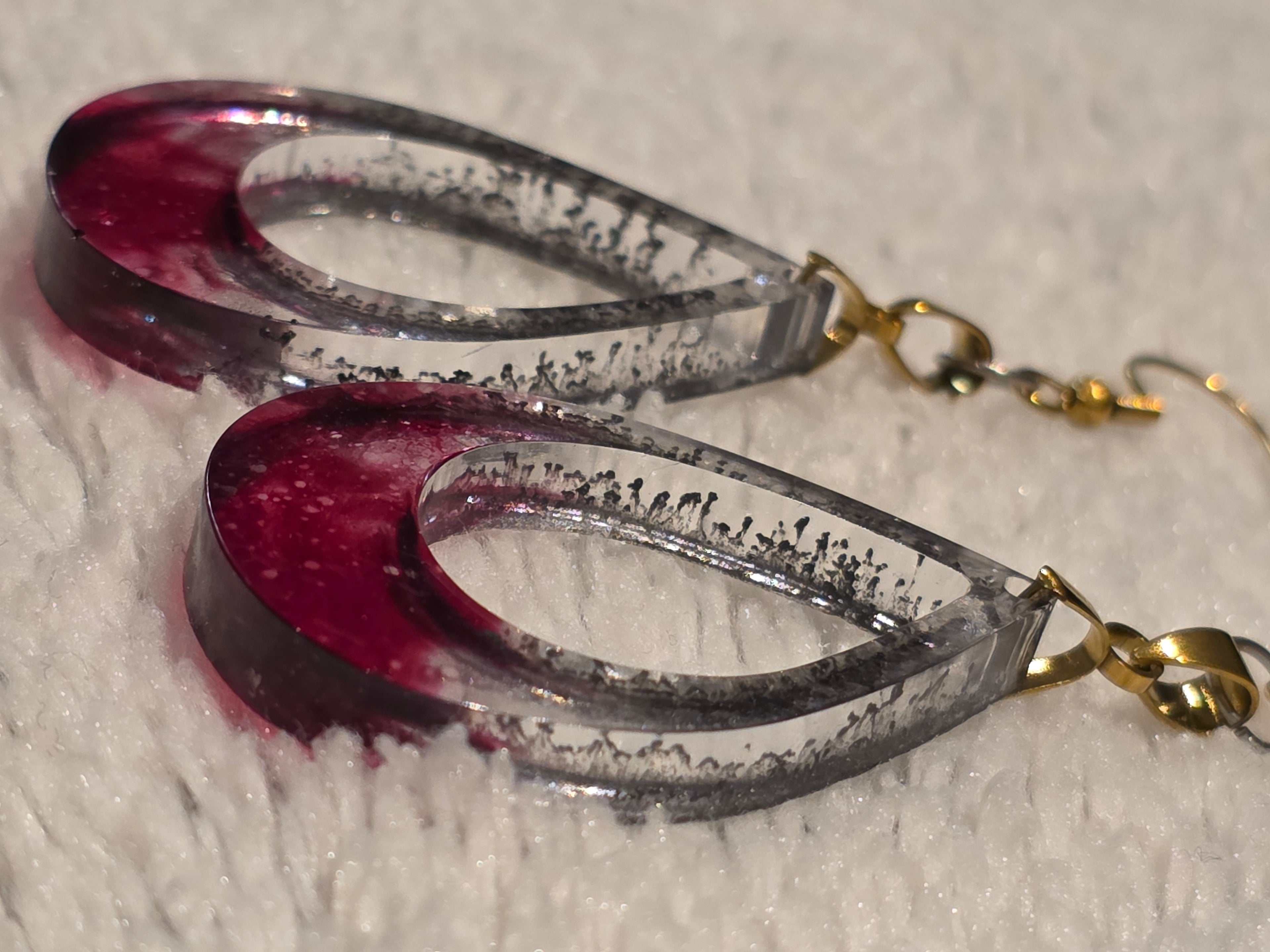 Epoxy Resin Earrings with Red & Silver Effect (Steel Hooks)