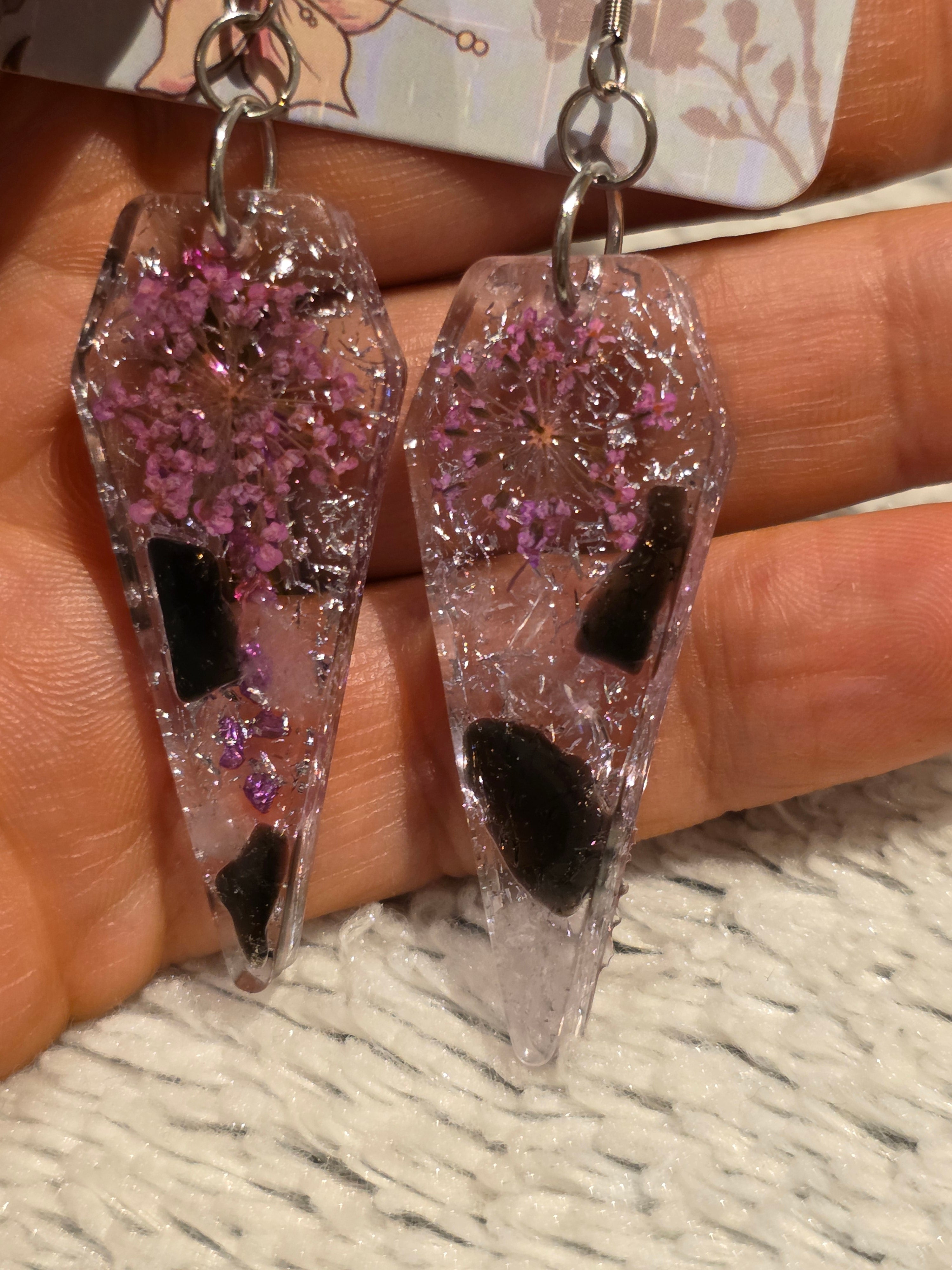 Handmade Resin Earrings with Semi-Precious Stones & Real Dried Flowers