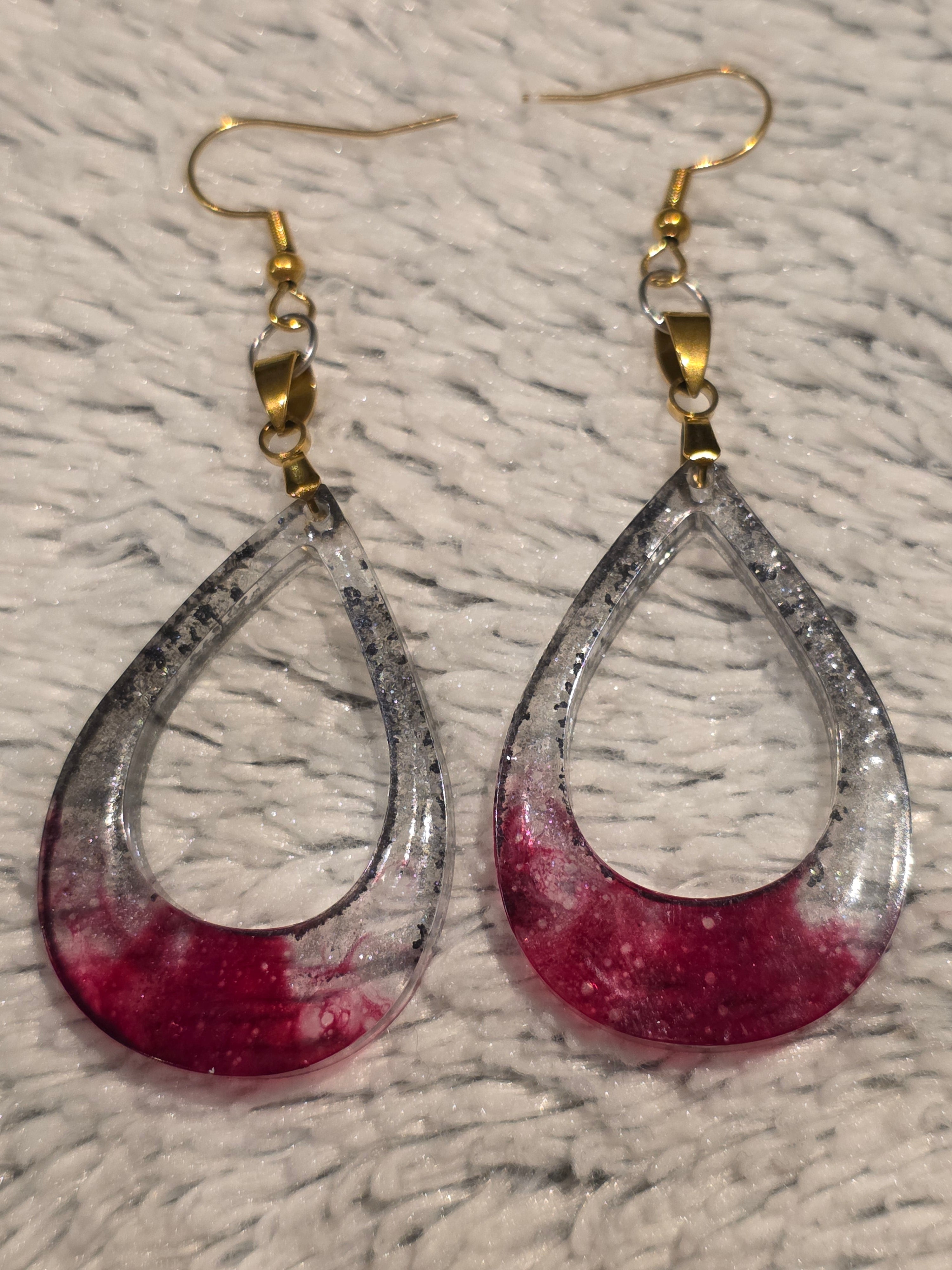 Epoxy Resin Earrings with Red & Silver Effect (Steel Hooks)