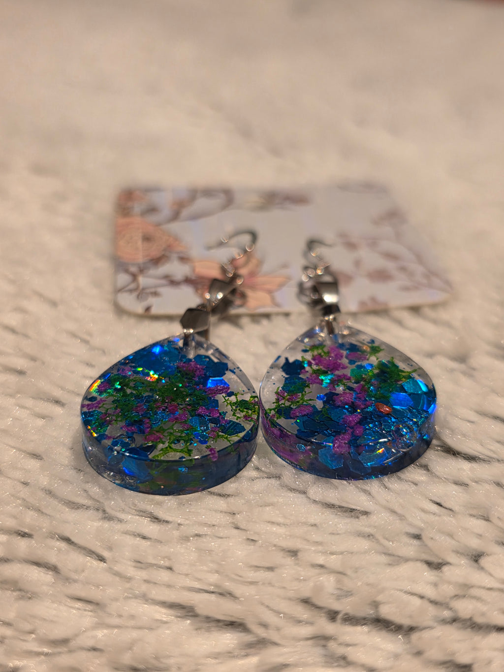 Handmade resin earrings – blue holographic glitter, stainless-steel hooks