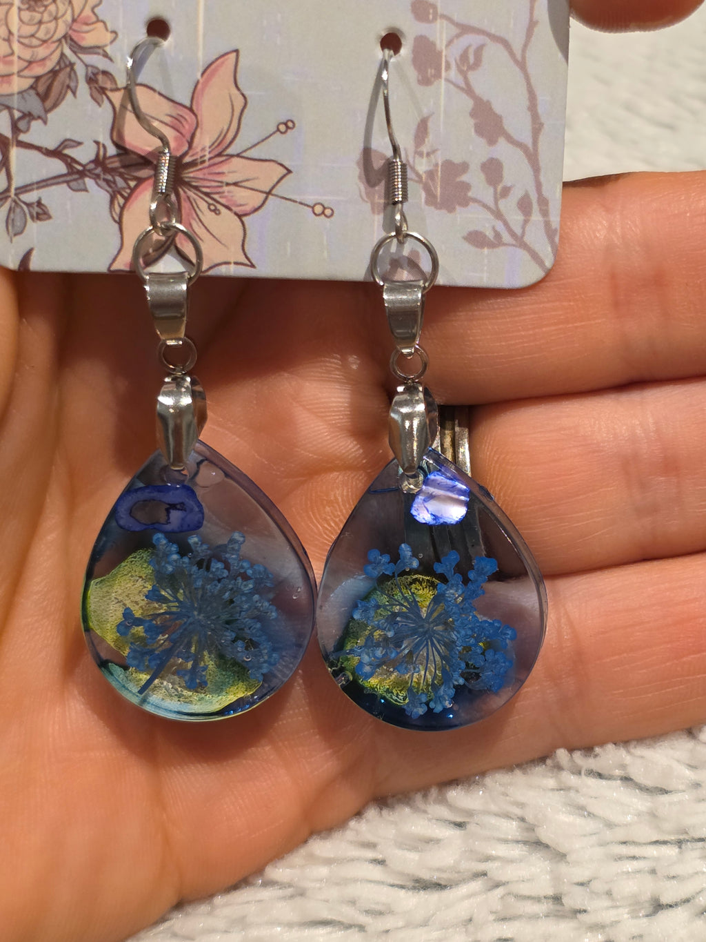 Resin earrings – blue-green “ocean drop” teardrops, stainless-steel hooks