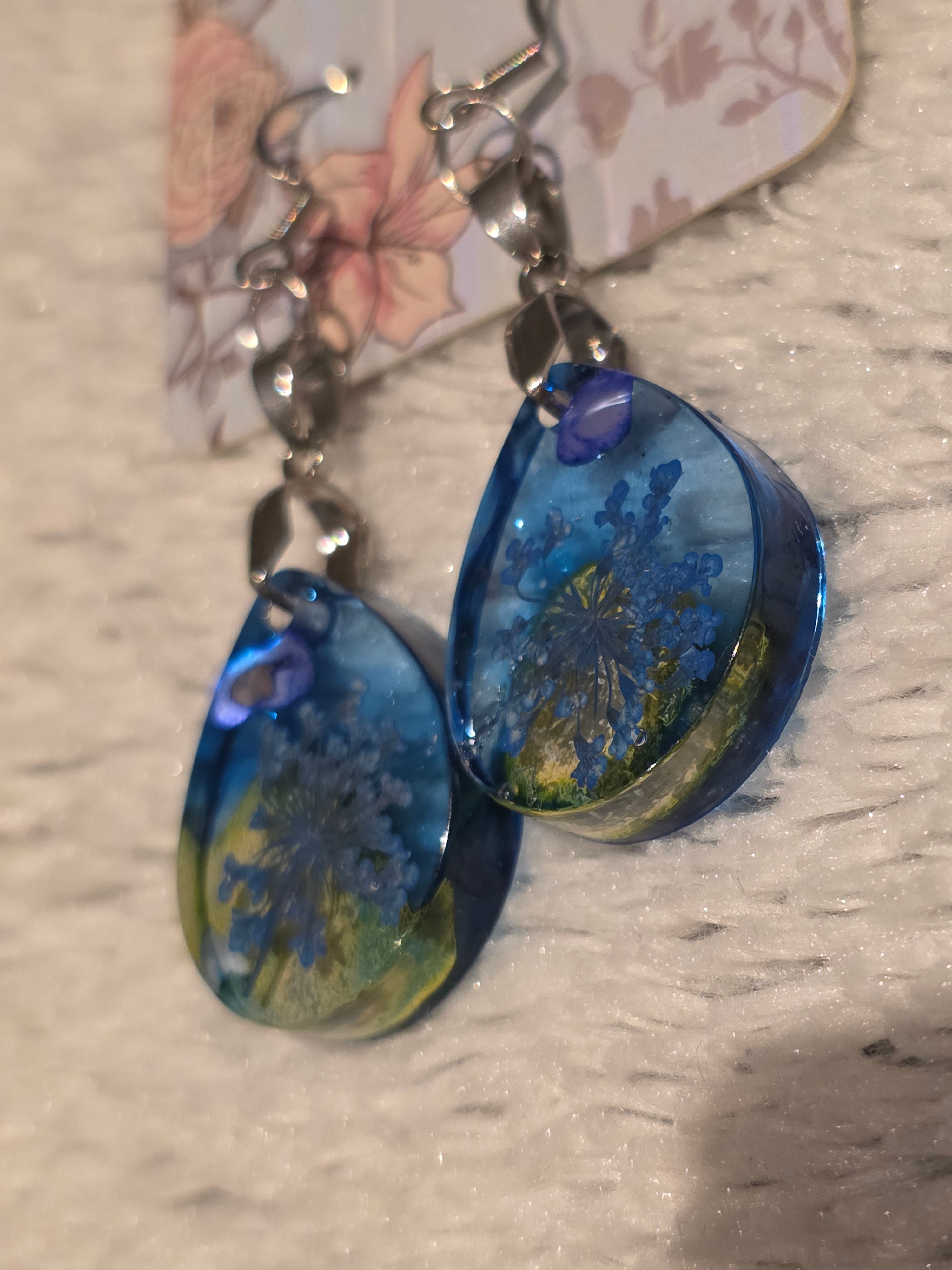 Resin earrings – blue-green “ocean drop” teardrops, stainless-steel hooks