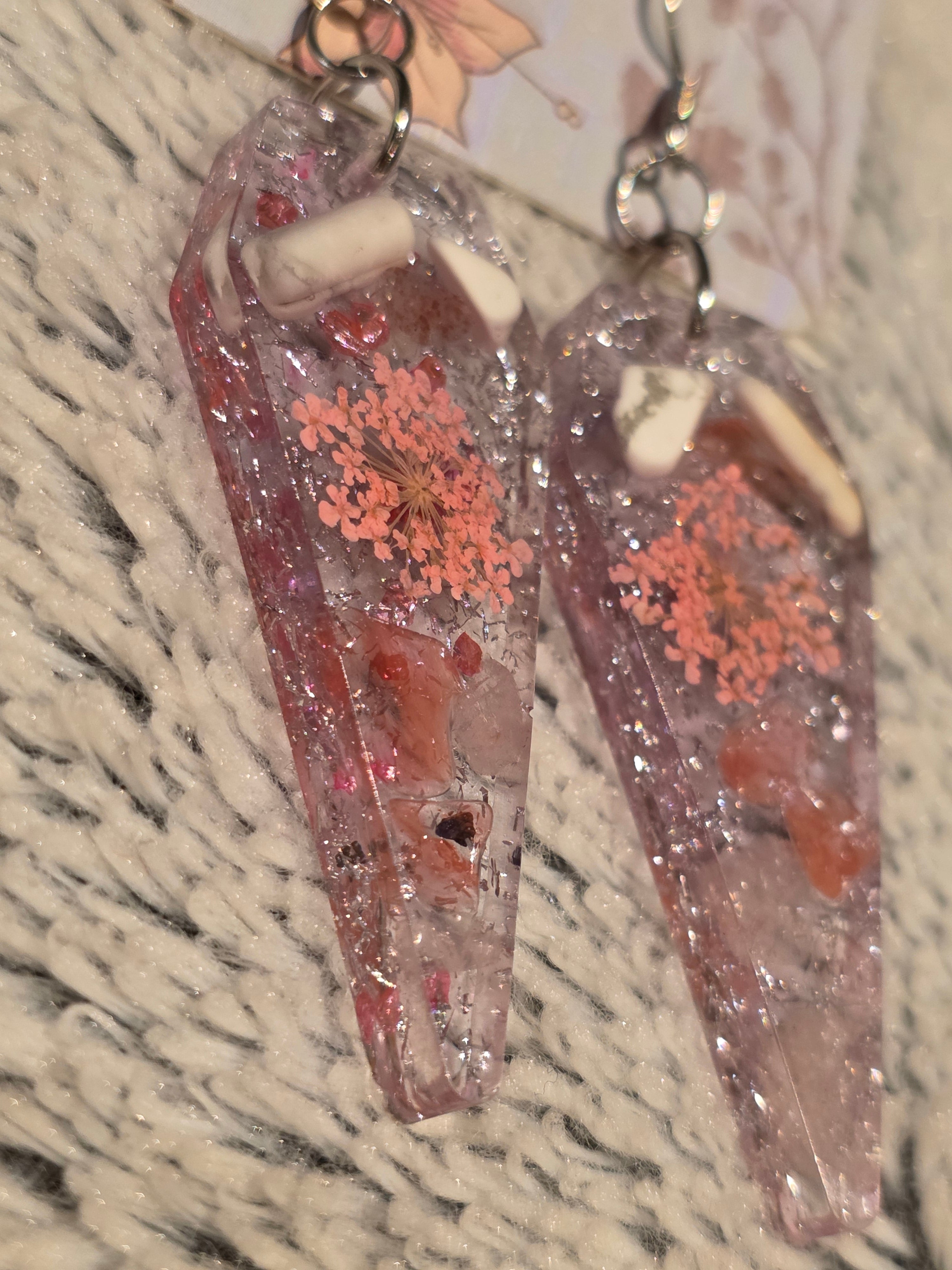 Resin earrings – crystal-style drops with real dried flowers & semi-precious stones, stainless-steel hooks