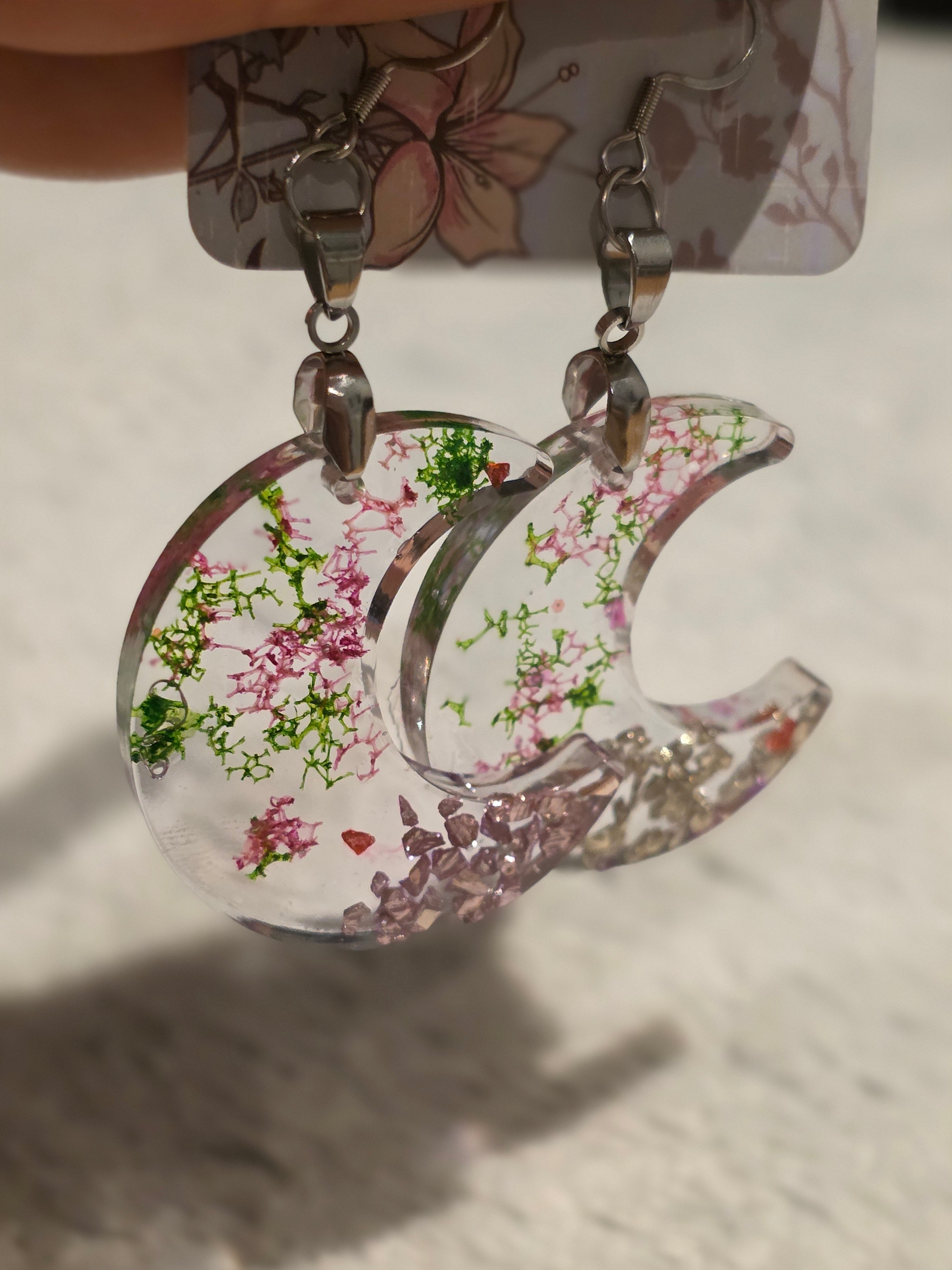 Resin earrings – clear crescent moons with real dried flowers, stainless-steel hooks