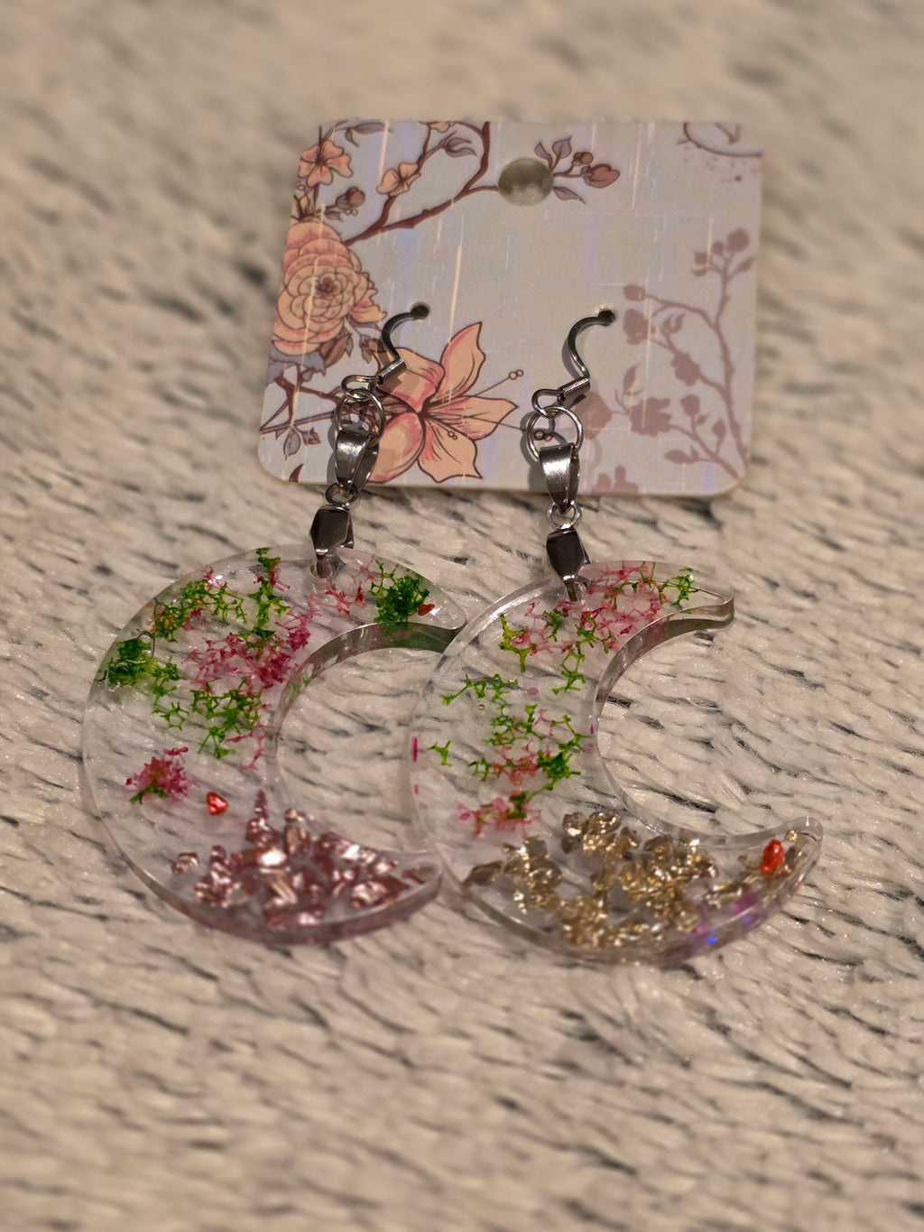 Resin earrings – clear crescent moons with real dried flowers, stainless-steel hooks
