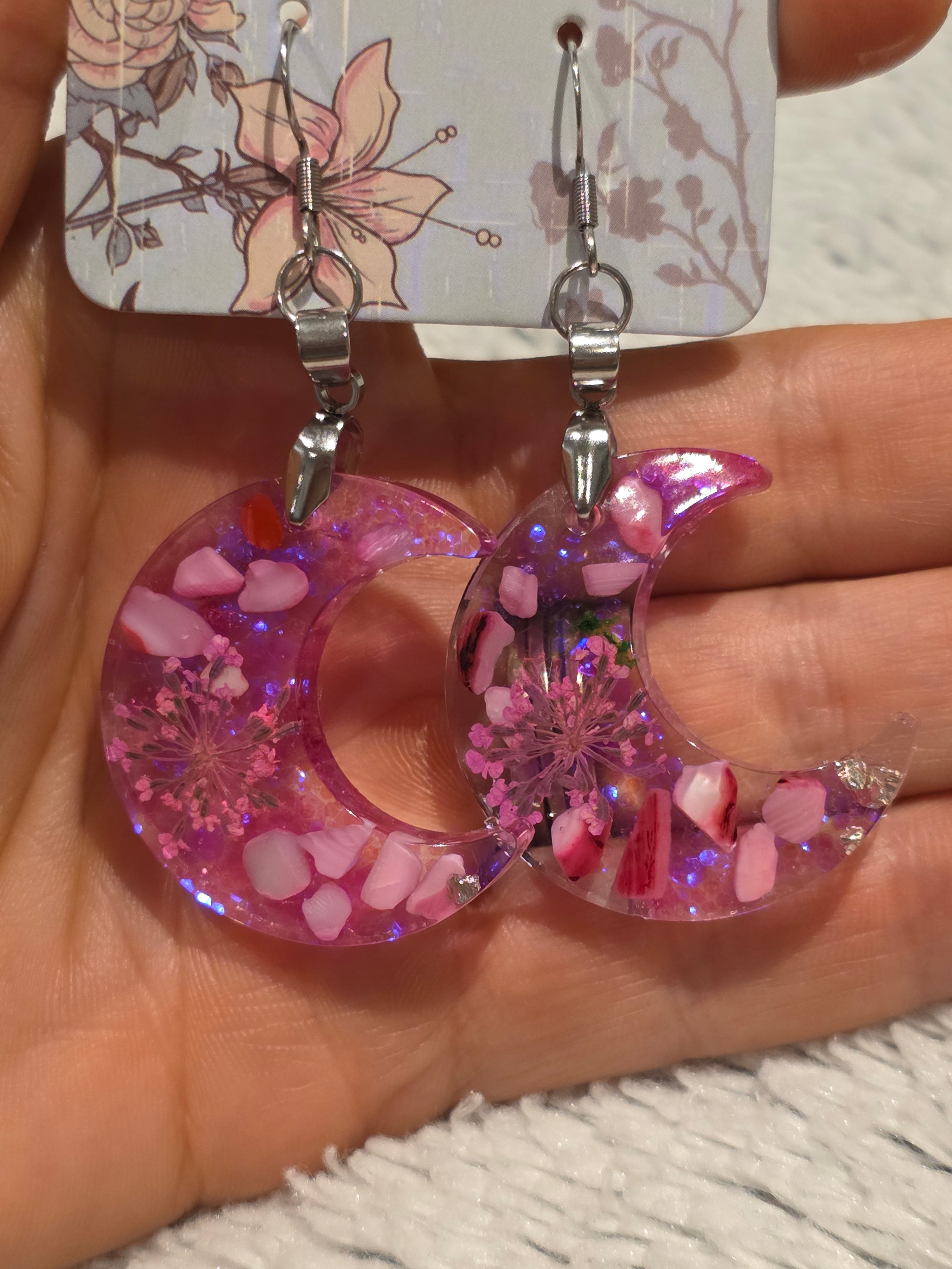 Resin earrings – pink crescent moons with glitter effect, stainless-steel hooks
