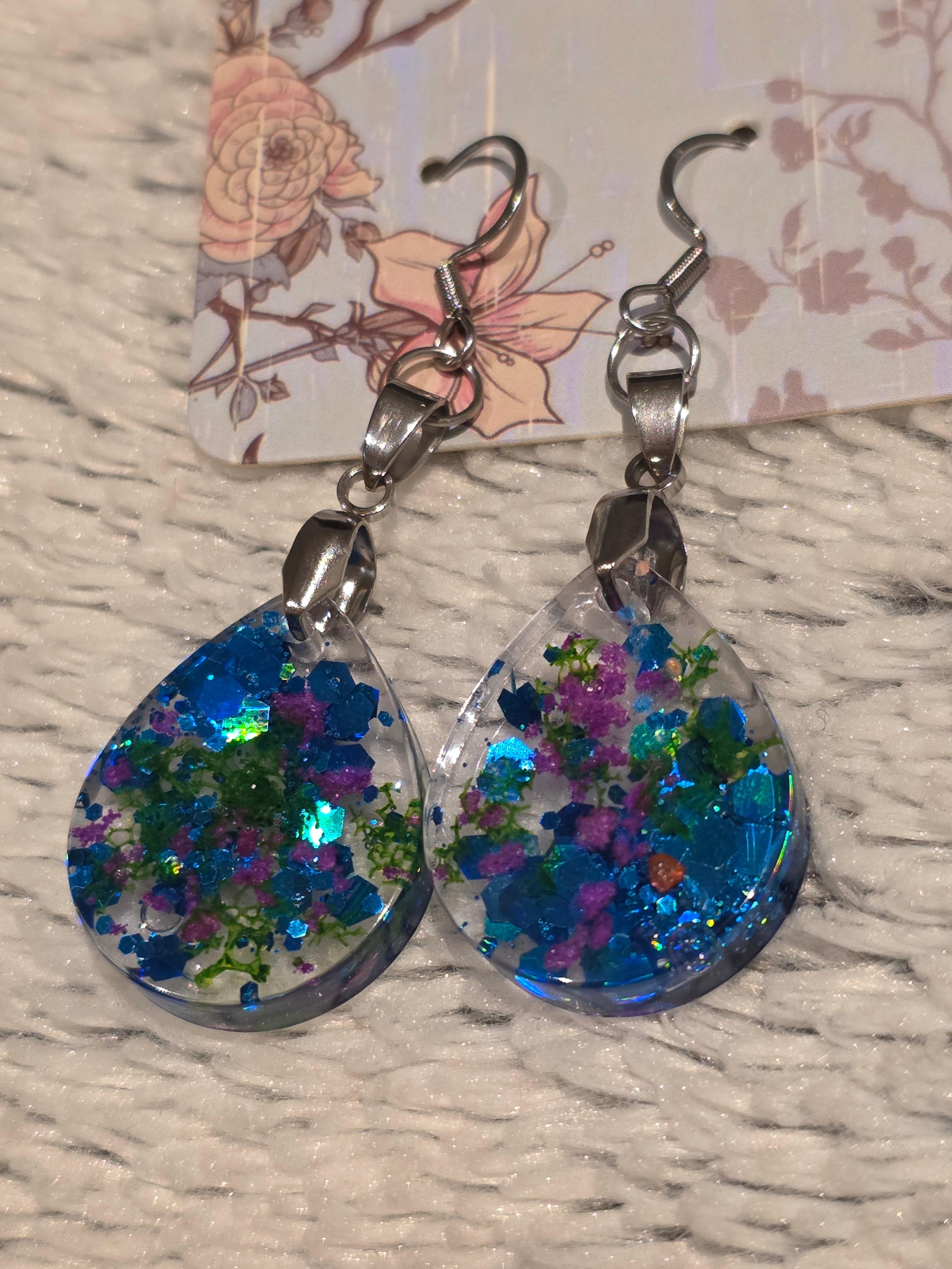 Handmade resin earrings – blue holographic glitter, stainless-steel hooks