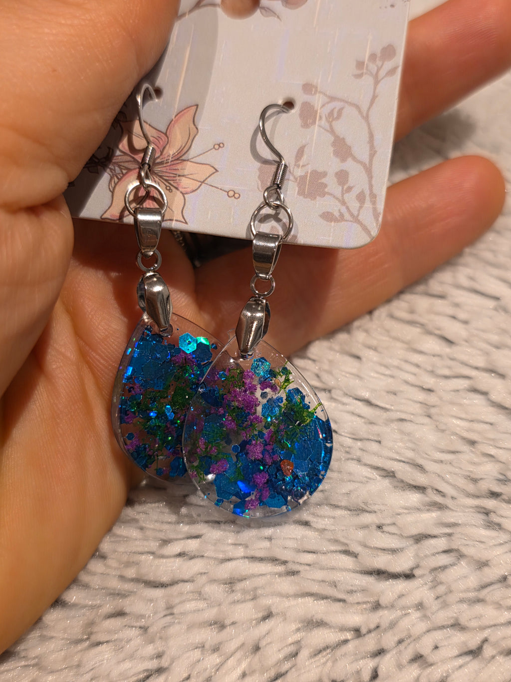 Handmade resin earrings – blue holographic glitter, stainless-steel hooks