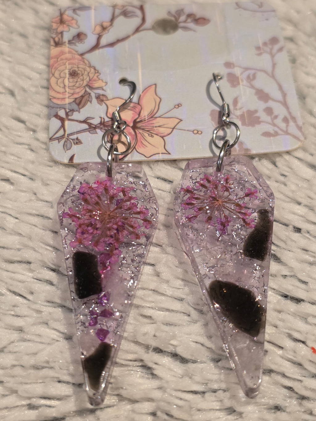 Handmade Resin Earrings with Semi-Precious Stones & Real Dried Flowers