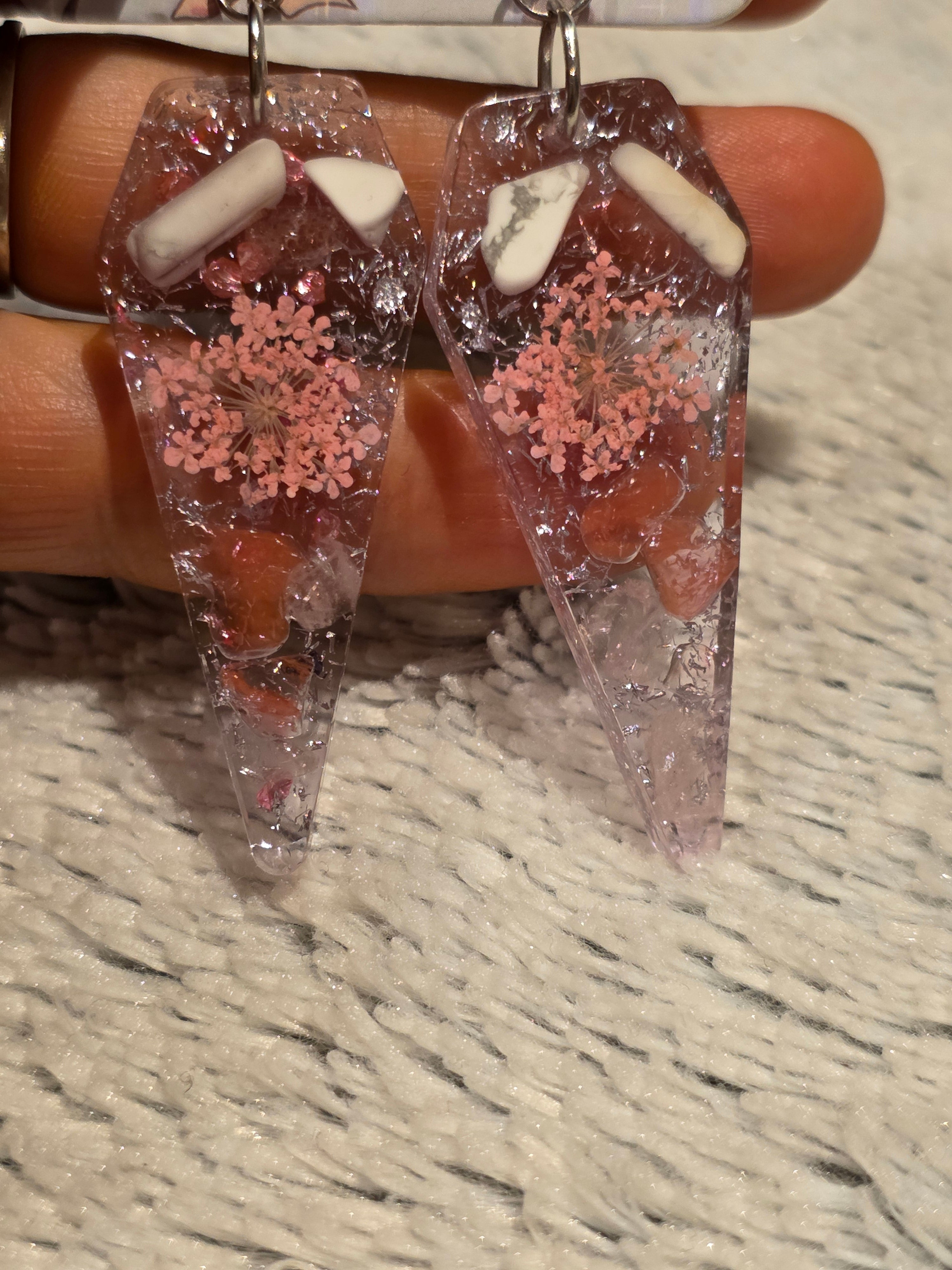 Resin earrings – crystal-style drops with real dried flowers & semi-precious stones, stainless-steel hooks